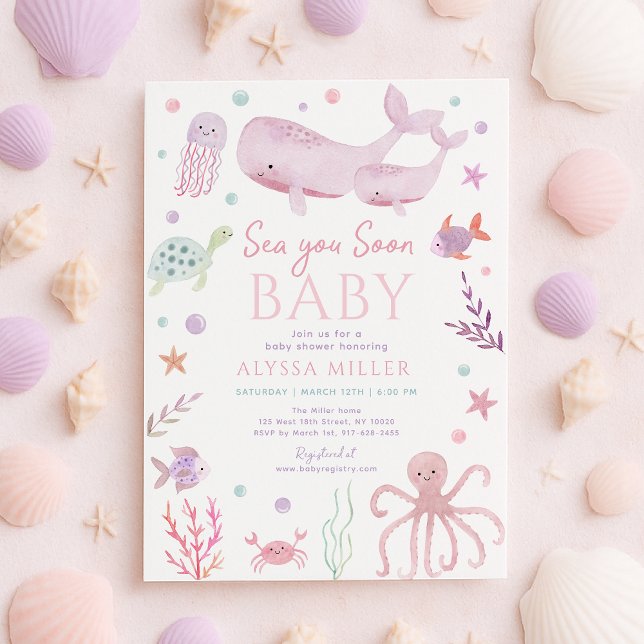Sea You Soon Pink Under the Sea Baby Shower Invitation (Creator Uploaded)