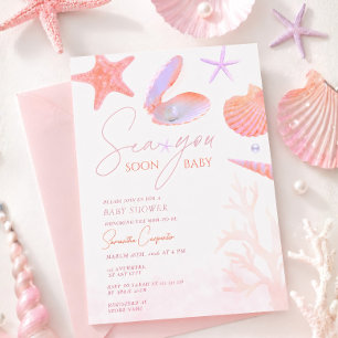 Sea you soon purple coral aesthetic baby shower invitation