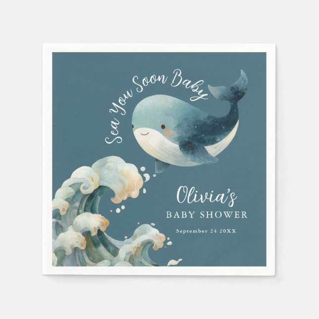 Sea You Soon Whale Ocean Turquoise Baby Shower Napkin (Front)