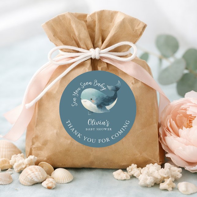 Sea You Soon Whale Turquoise Thank You Baby Shower Classic Round Sticker (Creator Uploaded)