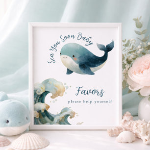 Sea You Soon Whale White Baby Shower Favors Sign