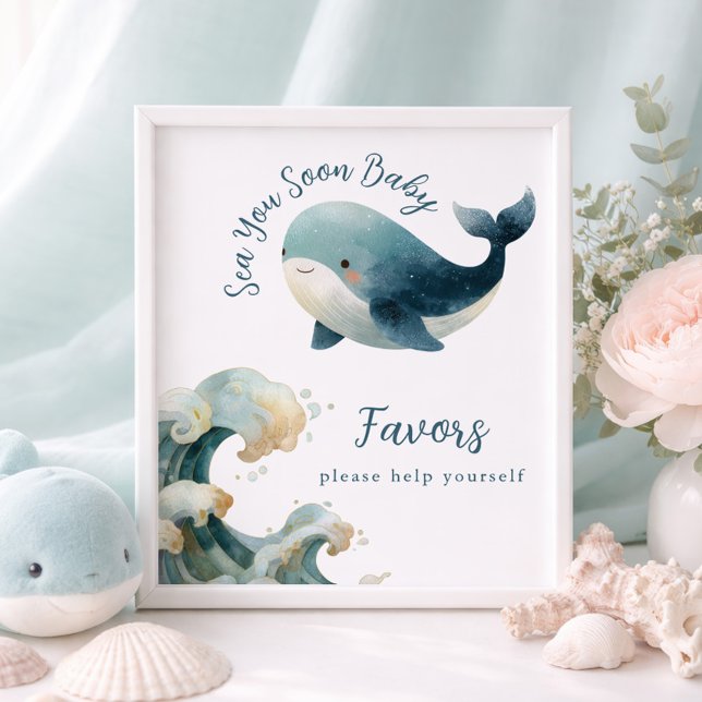 Sea You Soon Whale White Baby Shower Favors Sign (Creator Uploaded)