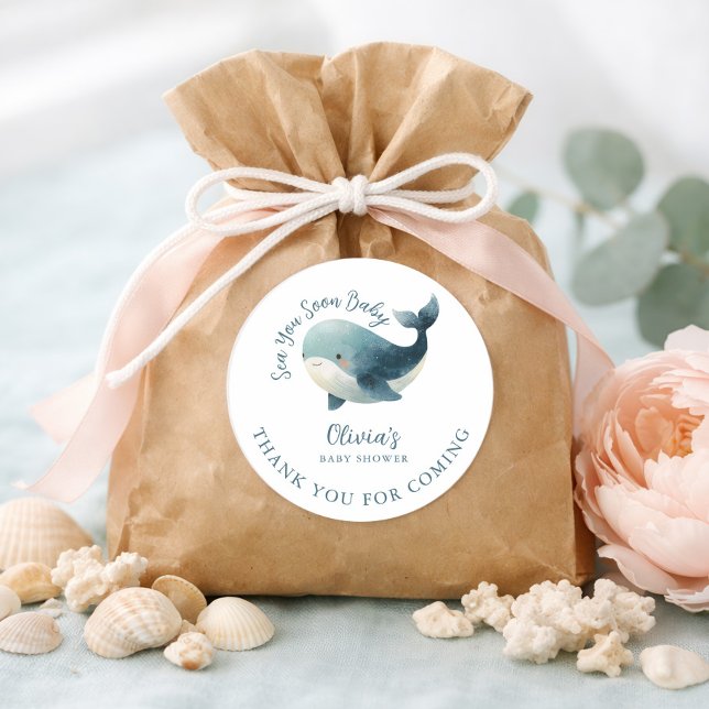 Sea You Soon Whale White Thank You Baby Shower Classic Round Sticker (Creator Uploaded)