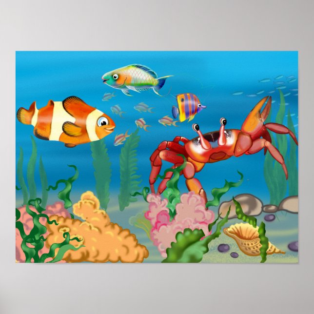 seabed with red crab, algae and fish, tropical sea poster (Front)