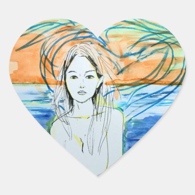 Seabirds (Watercolor, Ink) Heart Sticker (Front)