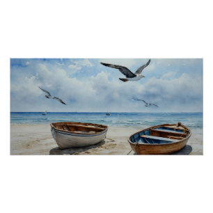 "Seabreeze Serenade". Colourful Serene Boat Scene Poster