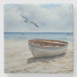"Seabreeze Serenade". Colourful Serene Boat Scene Stone Coaster