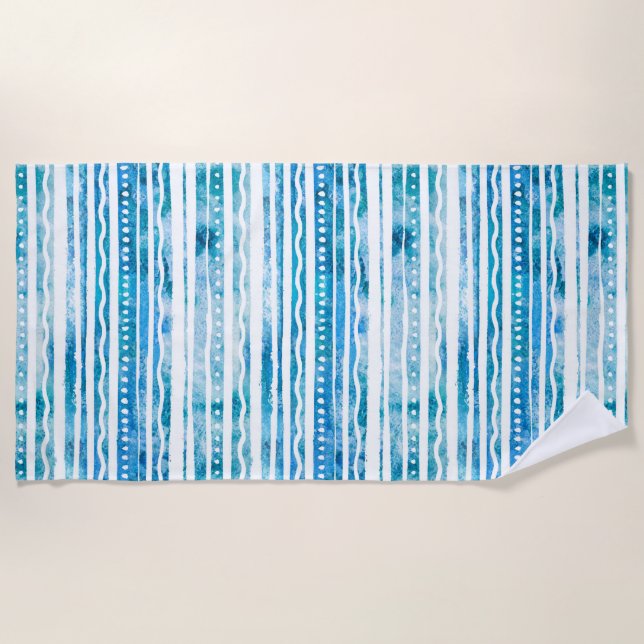 Seabreeze Watercolor Blue Stripe Beach Pattern Towel (Front)
