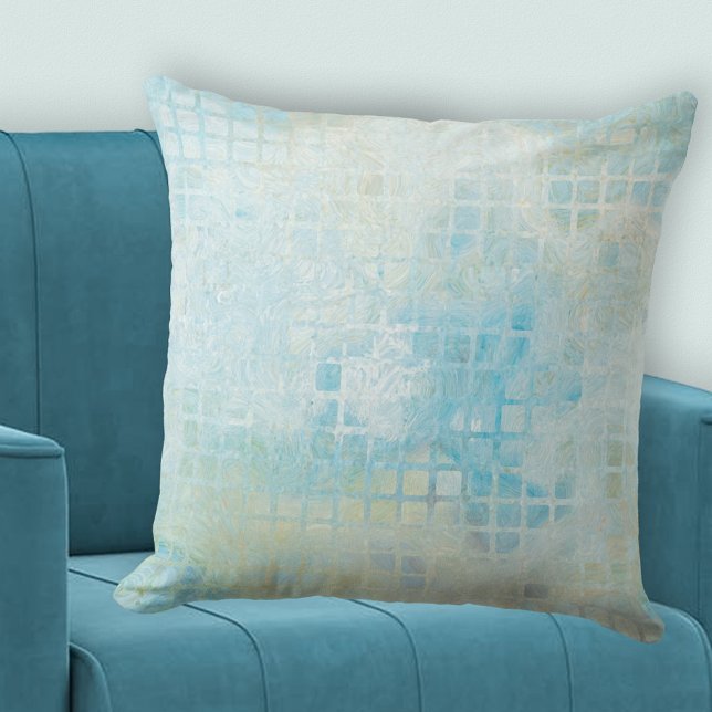 Seafoam Abstract Chequered Pattern Pillow (Pillow featuring a checkered pattern in turquoise blue, off white and pale green - beach house)