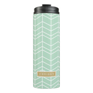 Seafoam and Gold Herringbone Monogram Thermal Tumbler