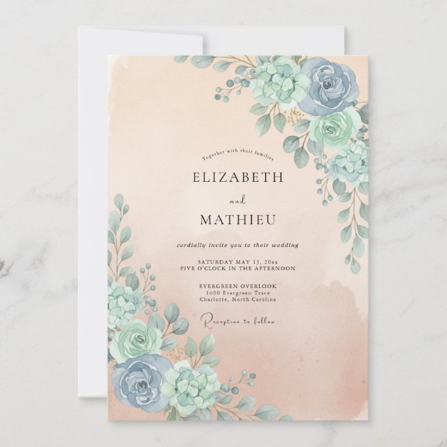 Seafoam Apricot Eucalyptus Wedding Invitation (Front)
