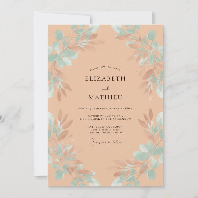 Seafoam Apricot Foliage Eucalyptus Wedding Invitation (Front)