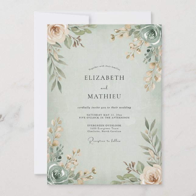 Seafoam Apricot Leafy Wedding Invitation (Front)