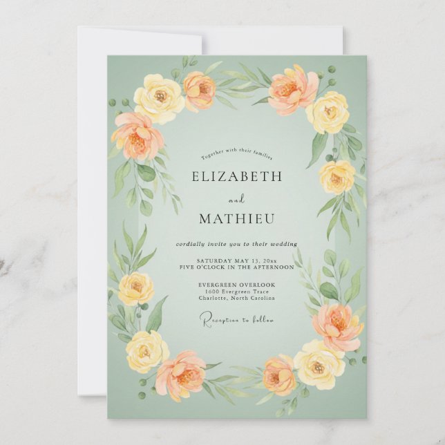 Seafoam Apricot Ranunculus Eucalyptus Wedding Invitation (Front)