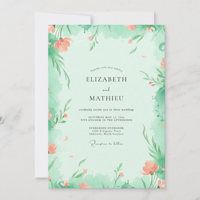 Seafoam Apricot Vine Wedding Invitation (Front)