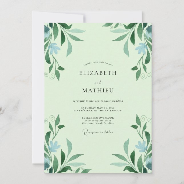 Seafoam Azure Leafy Wedding Invitation (Front)