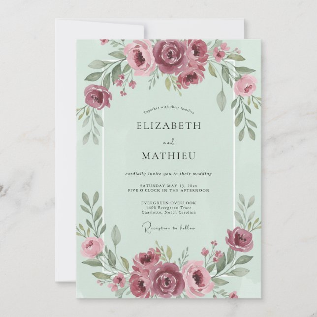 Seafoam Berry Ranunculus Wedding Invitation (Front)
