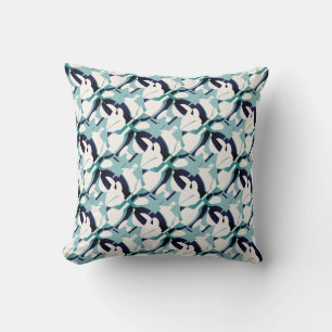 Seafoam Blue-Black White Swirling Modern Art Print Cushion