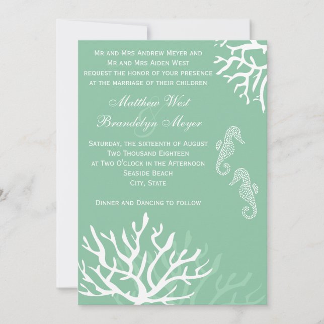 Seafoam Blue Coral Seahorse Wedding Invitations (Front)