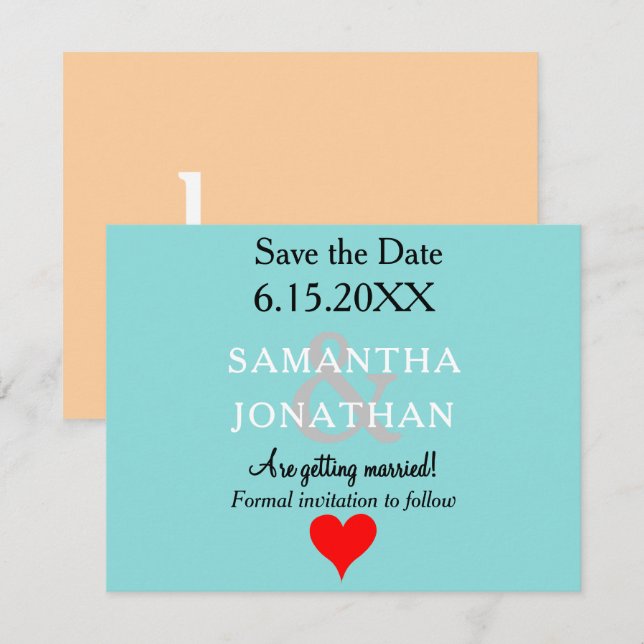 Seafoam Blue Sandy Beach Wedding Red Heart Save The Date (Front/Back)