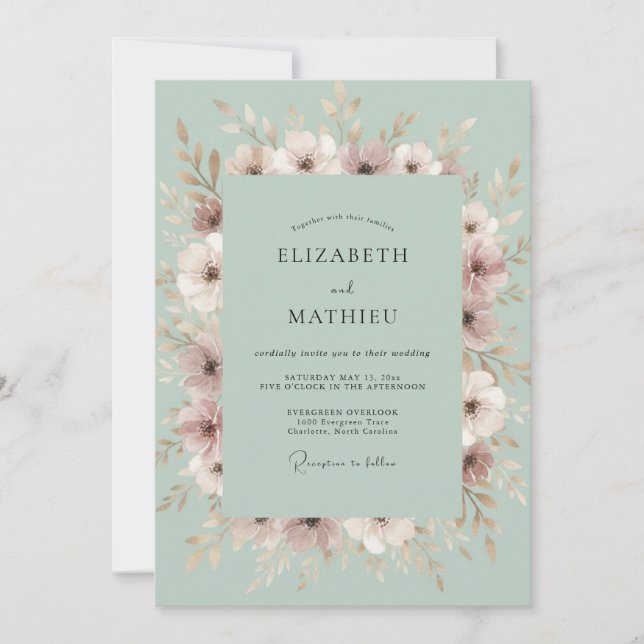 Seafoam Blush Blossom Wedding Invitation (Front)
