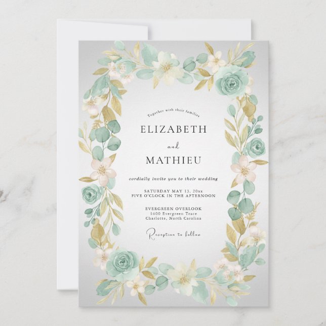 Seafoam Champagne Leafy Wedding Invitation (Front)