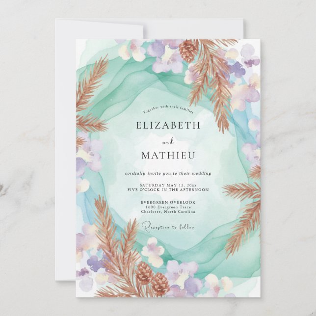 Seafoam Copper Pampas Eucalyptus Wedding Invitation (Front)
