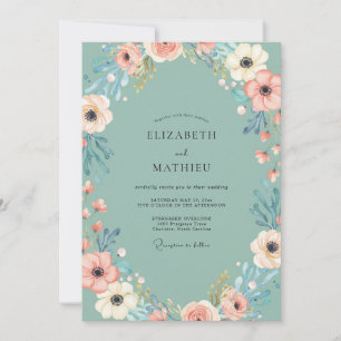 Seafoam Coral Poppy Wedding Invitation