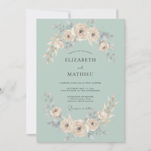 Seafoam Cream Rose Romantic Wedding Invitation (Front)