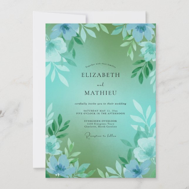 Seafoam Cyan Blossom Wedding Invitation (Front)