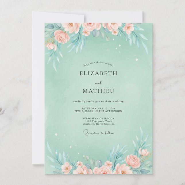 Seafoam Dusty Peach Peony Wedding Invitation (Front)