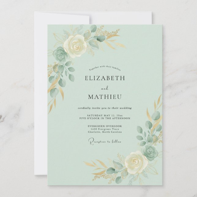 Seafoam Gold Foliage Eucalyptus Wedding Invitation (Front)
