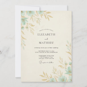 Seafoam Gold Foliage Grey Eucalyptus Wedding Invitation