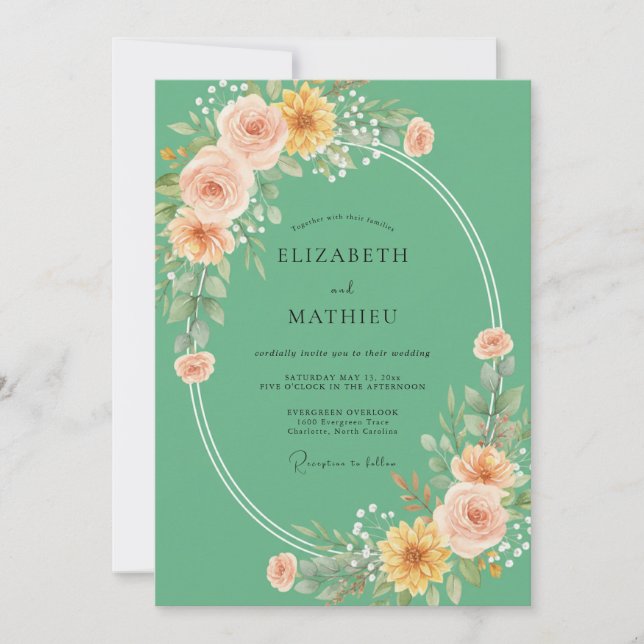 Seafoam Gold Wreath Wedding Invitation (Front)
