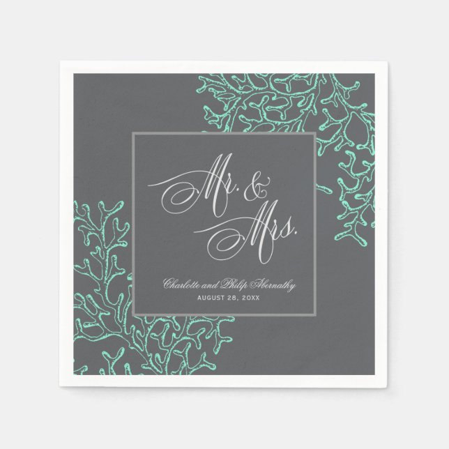 Seafoam Green and Grey Coastal Nautical Wedding Napkin (Front)
