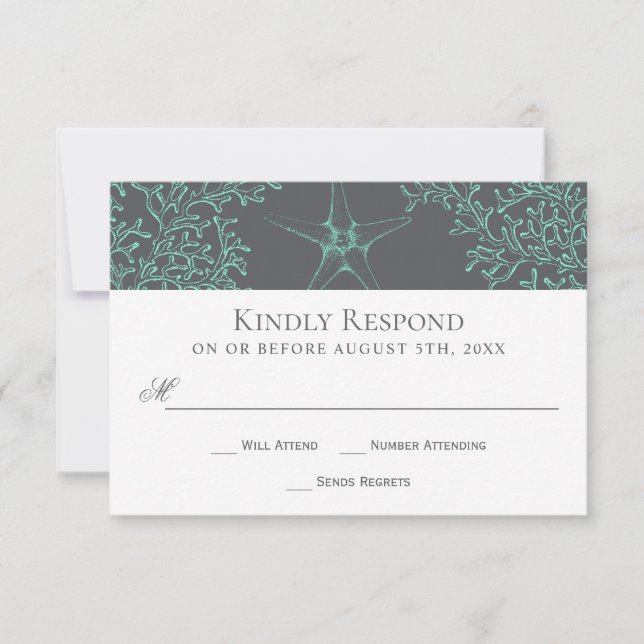 Seafoam Green and Grey Coastal Wedding RSVP (Front)