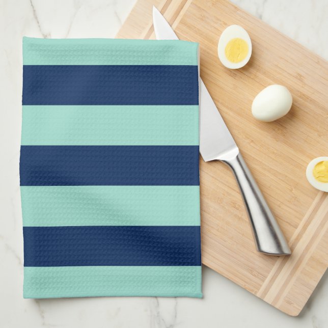 Seafoam Green and Navy Stripes Tea Towel (Quarter Fold)
