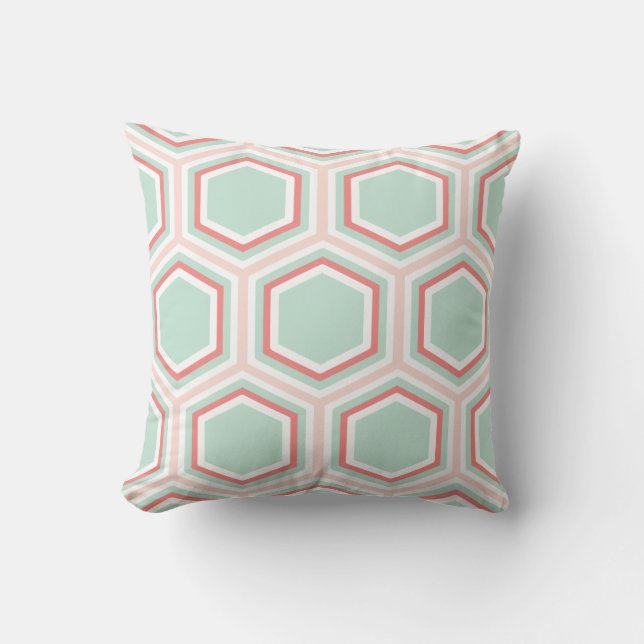 Seafoam Green and Orange Hexagon Pattern Cushion (Front)