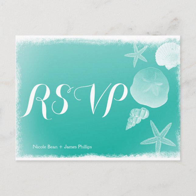 Seafoam Green Beach Seashell Wedding RSVP Postcard (Front)