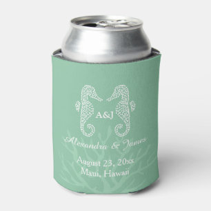 Seafoam Green Blue Seahorse Beach Wedding Monogram Can Cooler