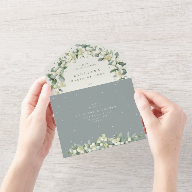 Seafoam Green/Cream Snowberry + Eucalyptus Wedding All In One Invitation (Opening)