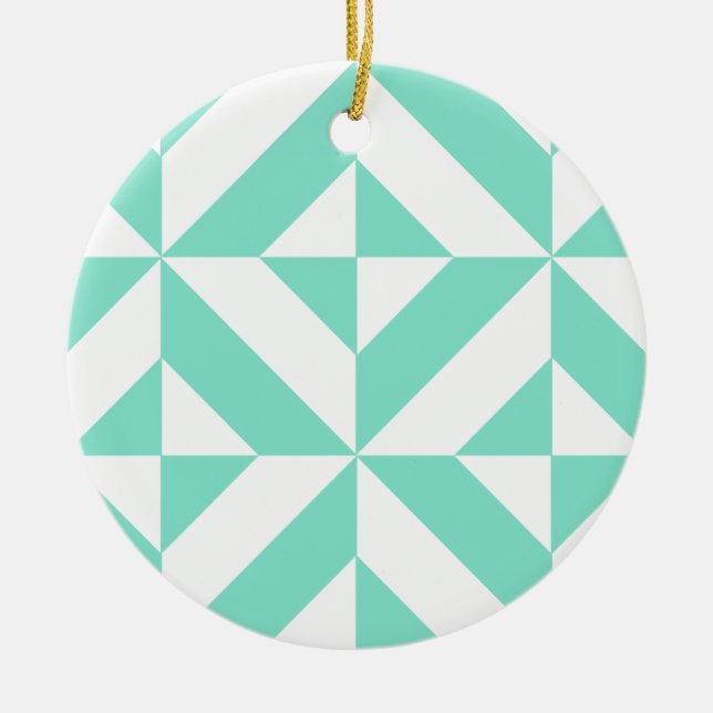 Seafoam Green Geometric Deco Cube Pattern Ceramic Tree Decoration (Front)