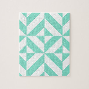 Seafoam Green Geometric Deco Cube Pattern Jigsaw Puzzle