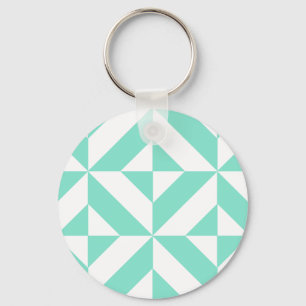 Seafoam Green Geometric Deco Cube Pattern Key Ring