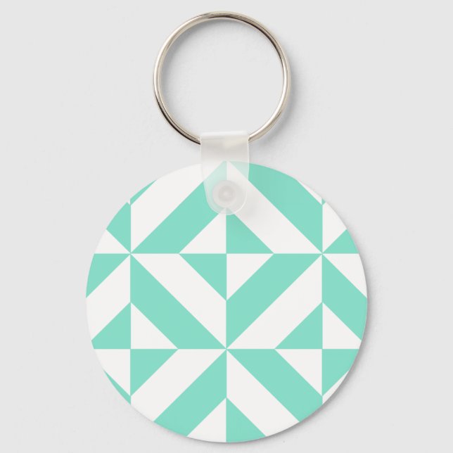 Seafoam Green Geometric Deco Cube Pattern Key Ring (Front)