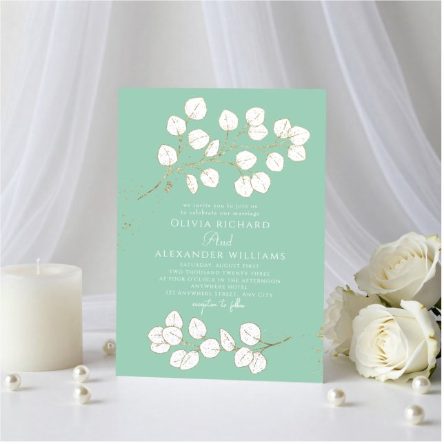 Seafoam Green Gold & White Greenery Eucalyptus Invitation (Creator Uploaded)