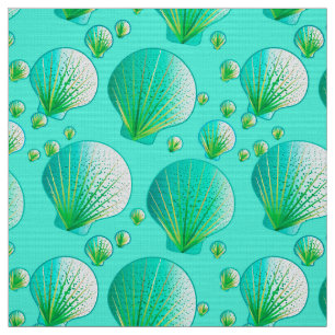 Seafoam green seashells on aqua fabric