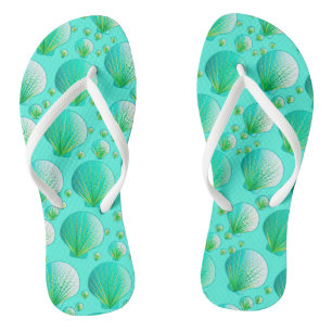 Seafoam green seashells on aqua jandals