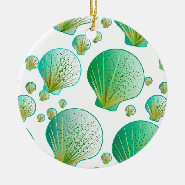 Seafoam green seashells on white ceramic tree decoration (Front)