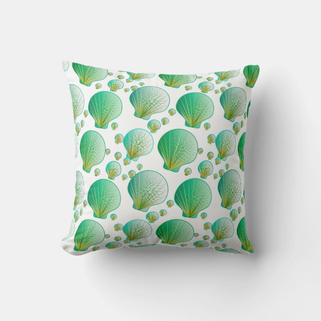 Seafoam green seashells on white cushion (Front)